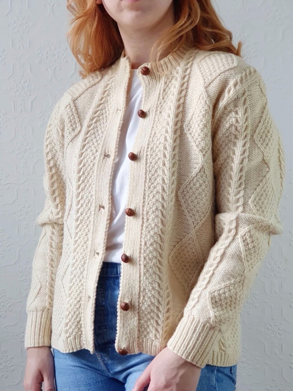 Women's Cream Cable Knit Button-Up Cardigan Sweater
